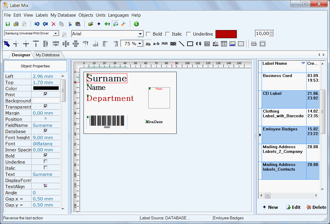 Properties Inspector for editing label object's properties