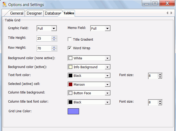 Setting options for table view, manipulating table